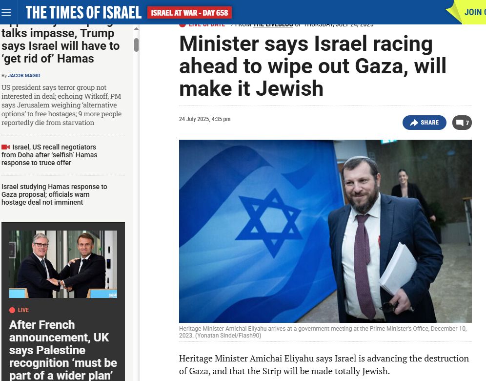 The Times of Israel "Minister says Israel racing ahead to wipe out Gaza, will make it Jewish"