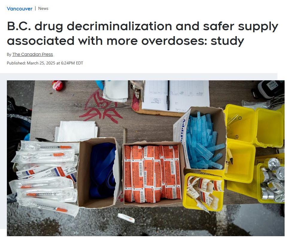 CTV News Headline: BC drug decriminalization and safer supply associated with more overdoses: study