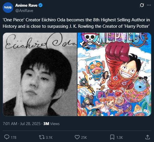 One piece is close to surpassing JK Rowling as the highest selling author in history (8th to 7th position)