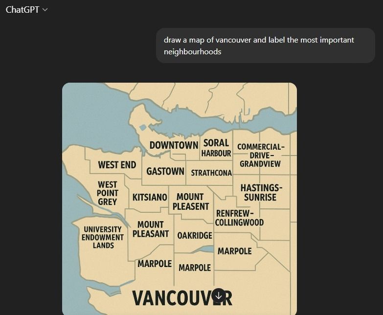 Chat gpt 5 attempt to draw a map of Vancouver Canada including multiple Marpole's and two Mount Pleasant and Mount Pleasent 