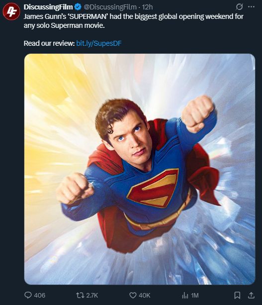 James Gunn's SUPERMAN had the biggest global opening weekend for any solo Superman movie 