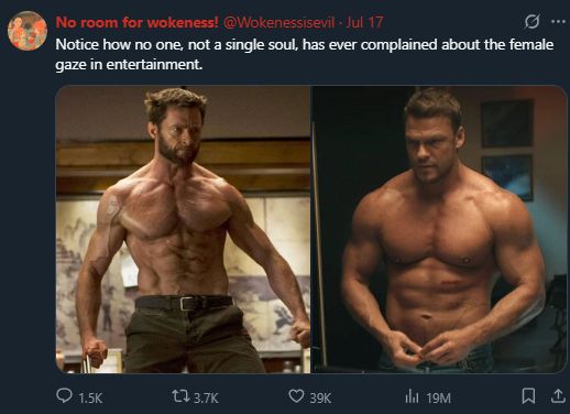 @Wokenessisevil
·
Jul 17
Notice how no one, not a single soul, has ever complained about the female gaze in entertainment. (it's a picture of two ripped superhero beefcakes) 