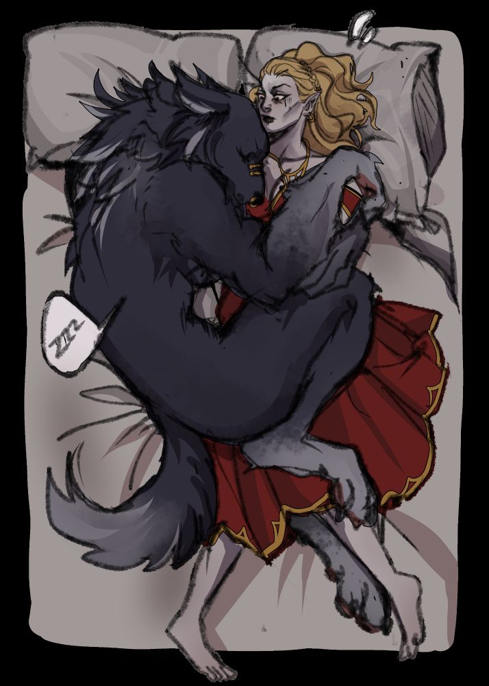 A black-furred werewolf curls around her vampiress fiancee, who appears a little caught up in the wolf's grip. Dare she wake her?

Art: @erosyiren