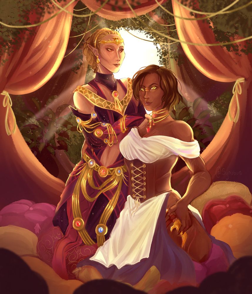 An image of Elerrah and her vampire girlfriend, the earlier in her white dress w/ leather bodice combo, the latter in a rather ornate red and gold dress. By @synubus on insta.