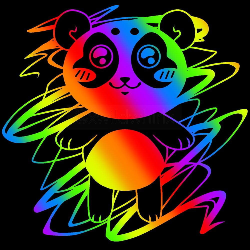 A drawing of a panda with rainbow lines