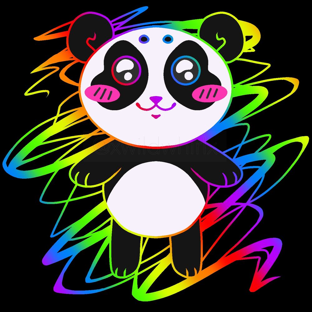 A drawing of a panda with rainbow lines