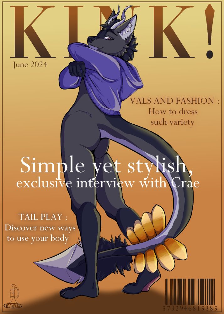 Crae, a grey furred dragon, posing on a magazine cover with 3 article title on it.
The magazine is named "kink!" and the 3 articles are "Vals and fashion: How to dress such variety", "Simple yet stylish, exclusive interview with Crae", "Tail play: Discover new ways to use your body"