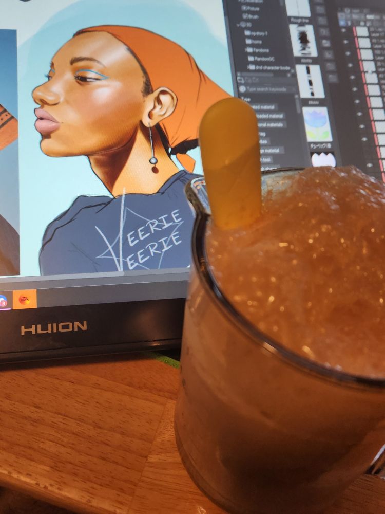 Root beer float in front of a human tablet, with a current WIP stufy of a Pinterest model is being worked on.