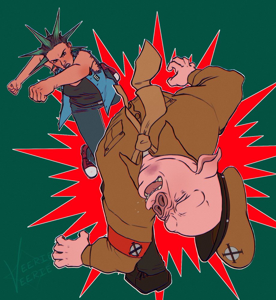 punk rock version of lady liberty with green liberty spikes punching a facist (pig)