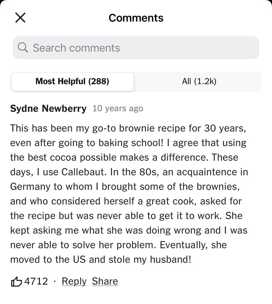 NYT Cooking app commenter talks about a brownie recipe, then describes how a friend stole her husband 