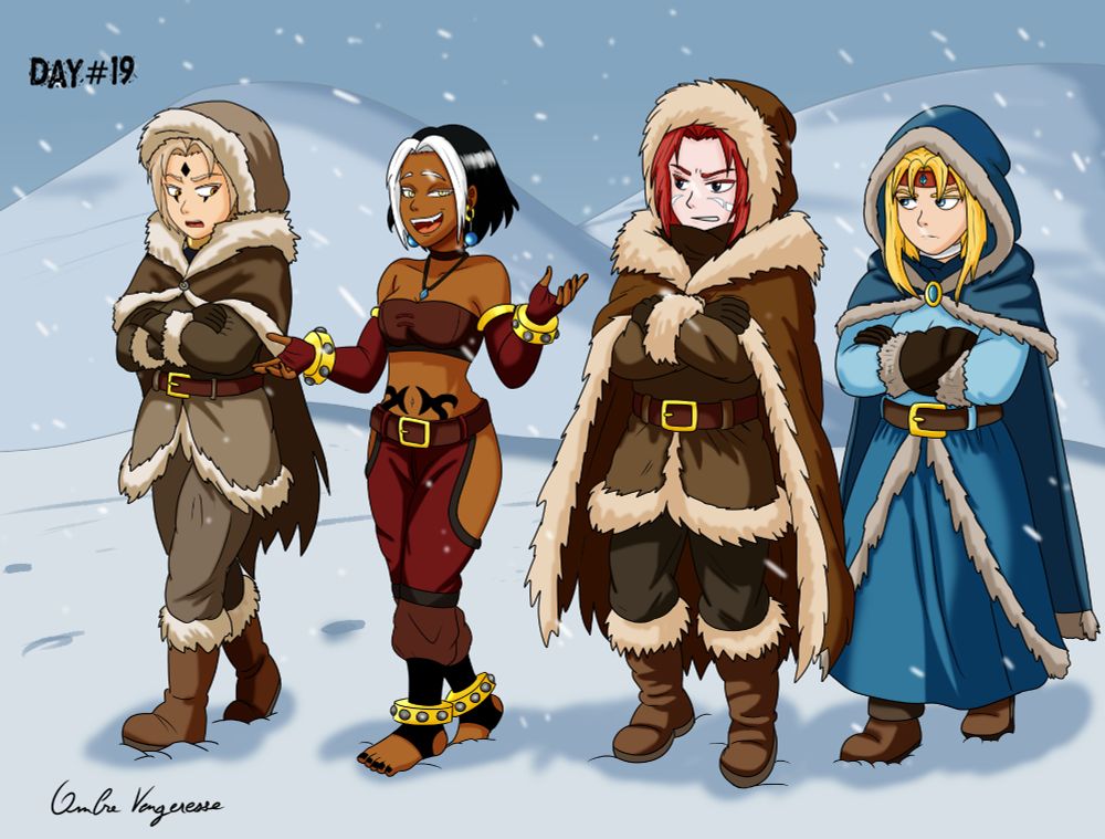 The group of adventurers walks through a snowy landscape. In the center, a brunette fire mage with a white streak, Hantann, smiles and boasts happily, unaffected by the cold, dressed in her usual light attire. Beside her, her companions Orana, Vaëlin, and Elena, bundled up in fur coats, shiver and look at her with an annoyed expression. The snow falls gently around them, contrasting with Hantann's warm demeanor.