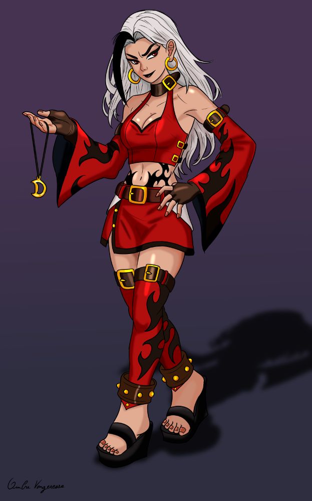 A flamboyant witch with long white hair and black highlights, wearing a red ensemble adorned with black flames and golden curls. She holds a moon pendant, posing confidently against a gradient purple background, casting a shadow on the ground.