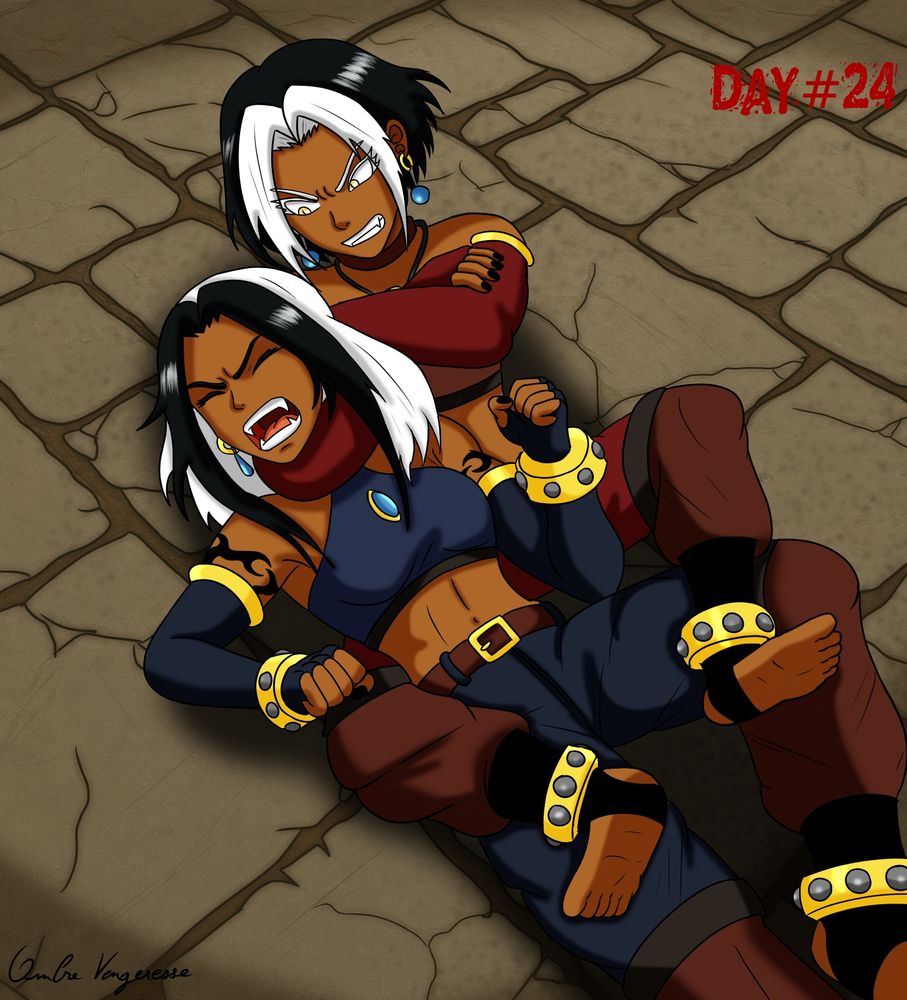 Anime-style illustration showing two sisters in a ground fight. Hantann strangles her sister Madgann on a stone floor.