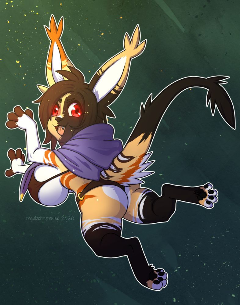 Digital illustration of a female calico cat character. She has large breasts and wearing skimpy clothing while jumping through the air and looking at the viewer.