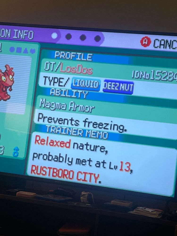 A photo of a stat screen for the Pokemon Slugma. Its type is: Liquod and Deeznuts. 