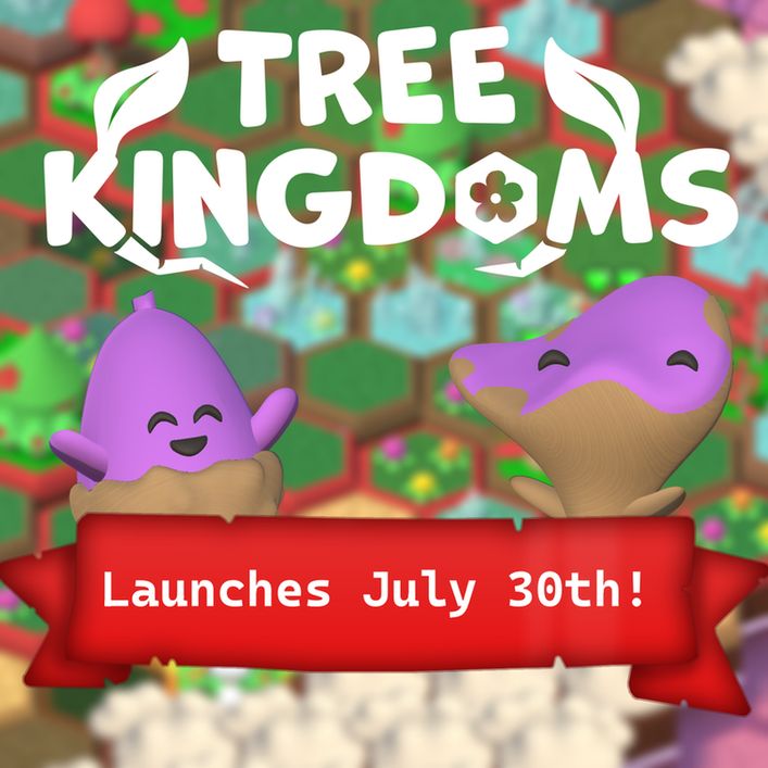 Two purple characters from the game Tree Kingdoms with arms raised in celebration infront of a banner which says "LAUNCHES JULY 30th!" 