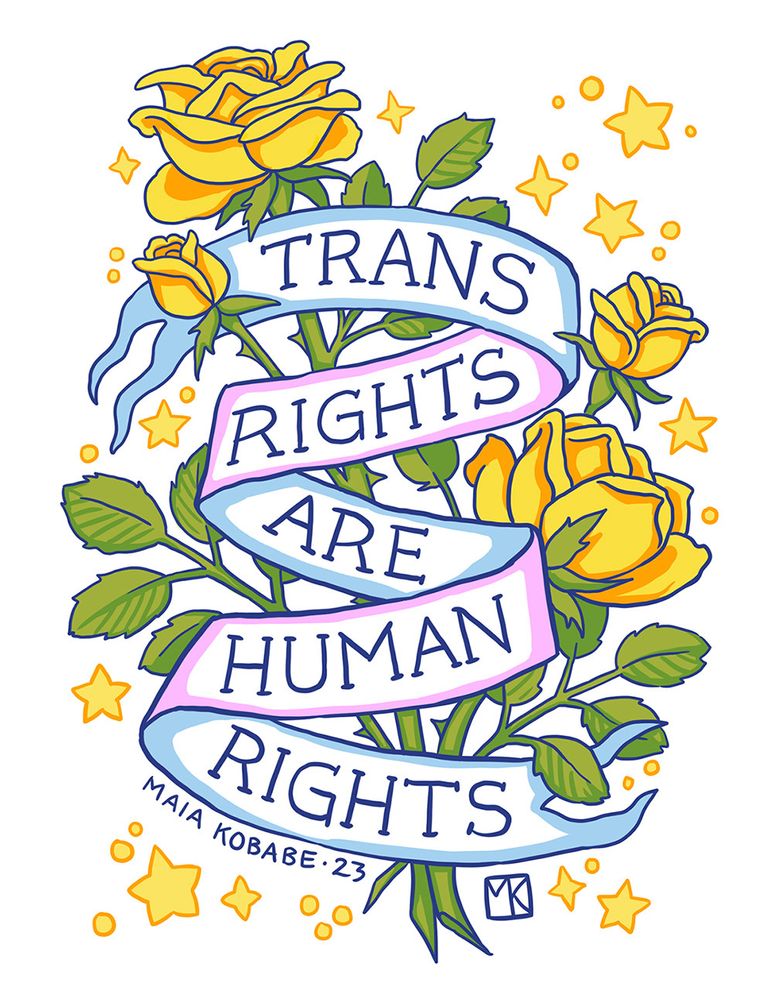 a banner which reads Trans Rights Are Human Rights surrounded by stars and yellow roses