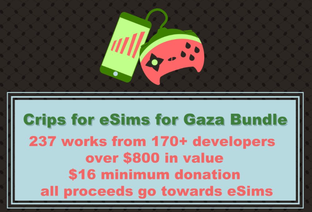Crips for eSIMS for Gaza Bundle: 237 works from 170+ developers over $800 in value for a $16 minimum donation all proceeds go towards eSims