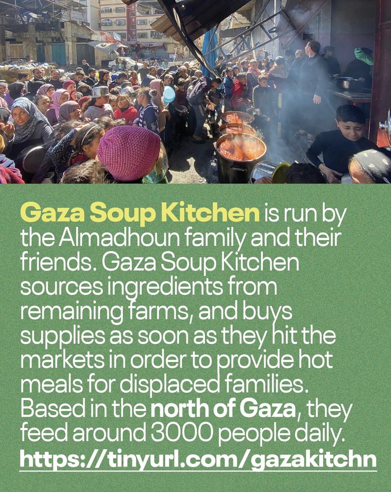 Gaza Soup Kitchen is run by the Almadhoun family and their friends. Gaza Soup Kitchen sources ingredients from remaining farms, and buys supplies as soon as they hit the markets in order to provide hot meals for displaced families. Based in the north of Gaza, they feed around 3000 people daily. tinyurl.com/gazakitchn