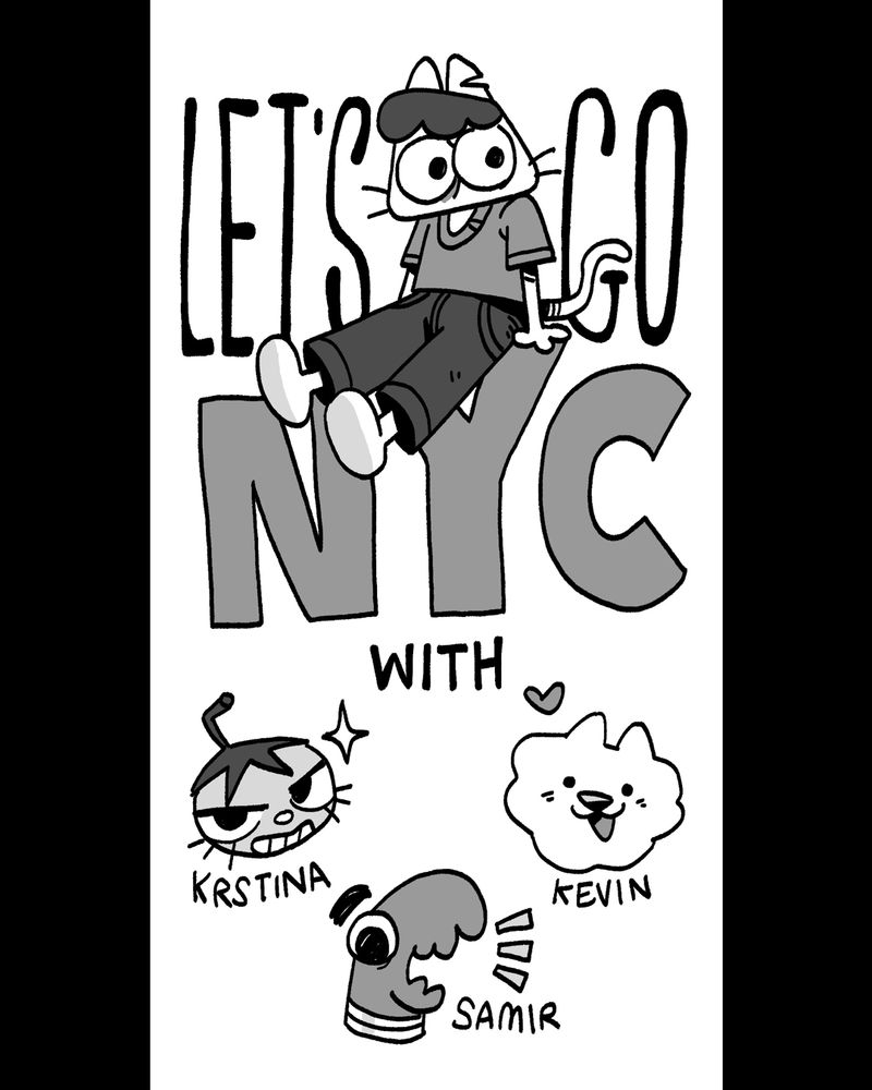 Poster of a cat persona sitting on a "Let's go NYC" font, along with heads of a dog, tomato and dinosaur which represent friends.