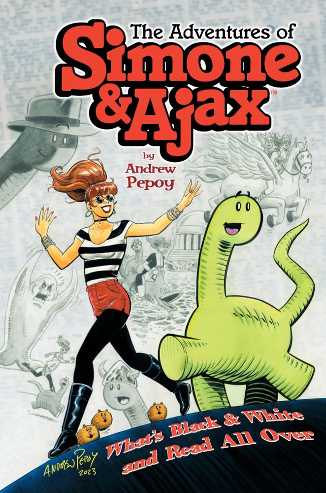 Comic book cover for The Adventures of Simone and Ajax. It features a girl in trendy clothes walking next to a small, green, Gertie-shaped dinosaur. 