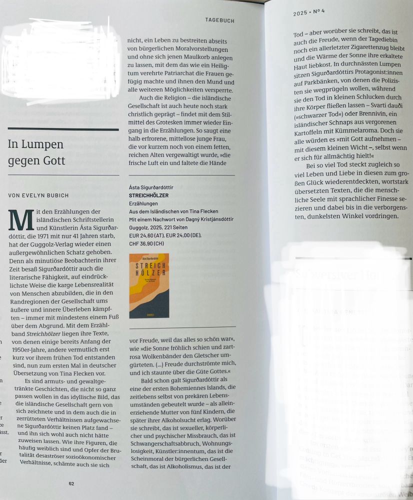 Ausschnitt Magazin Tagebuch Nr. 4/25 Rezension Erzählband Streichhölzer Ásta Sigurðardóttir