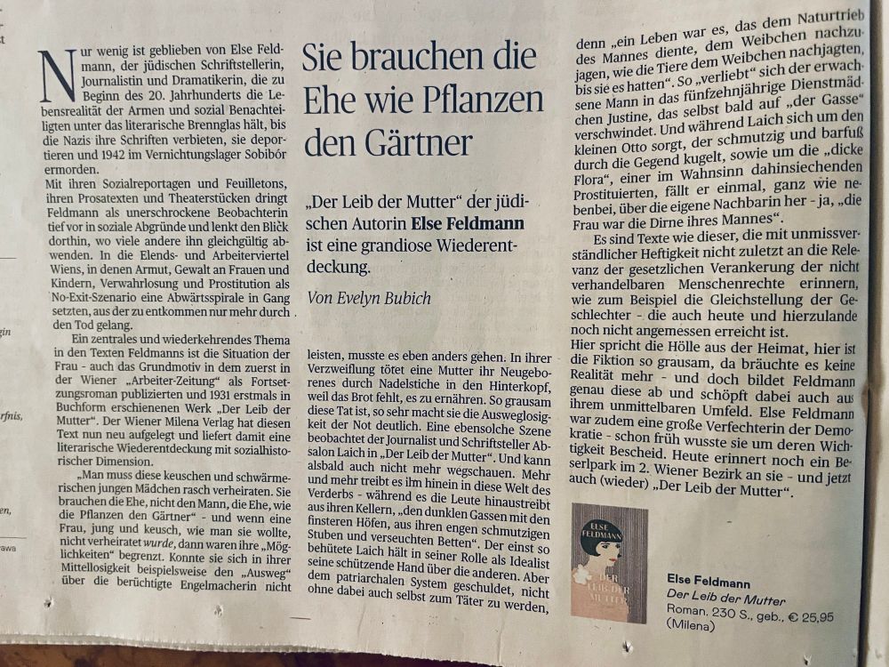 Rezension über den wiederentdeckten Roman Der Leib der Mutter von Else Feldmann. Erschienen im Milena Verlag 2025. 
Rezension erschien in der Presse/ Spectrum v. 17.11.2025