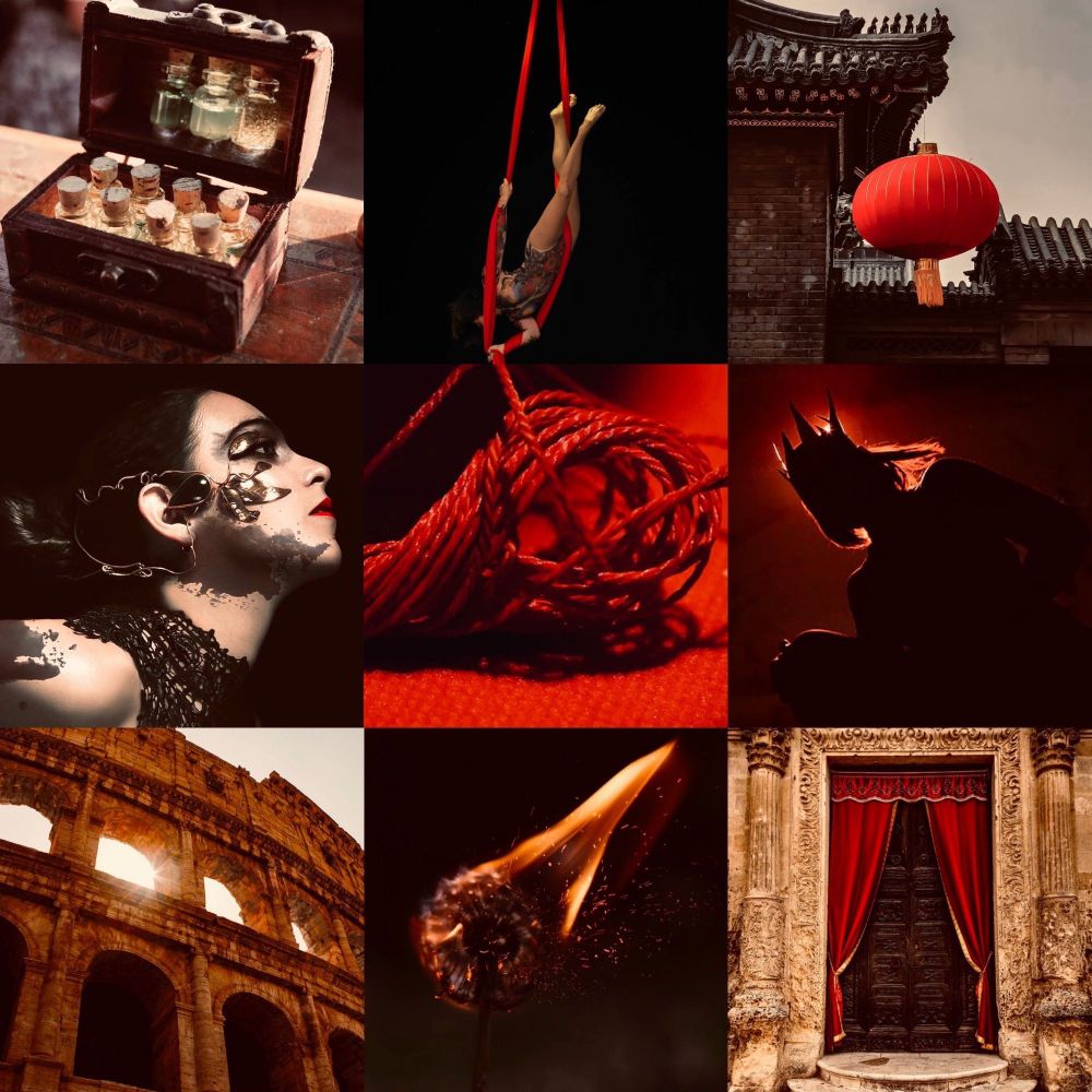 A box of vials, an acrobat dangling from red fabric, a red Chinese lantern, a girl with gilded gold and a black lace shirt with bright red lips, red thread, a silhouette of an empress, the coliseum, a dandelion on fire, and an ancient stone doorway with a red and gold curtain in front.
