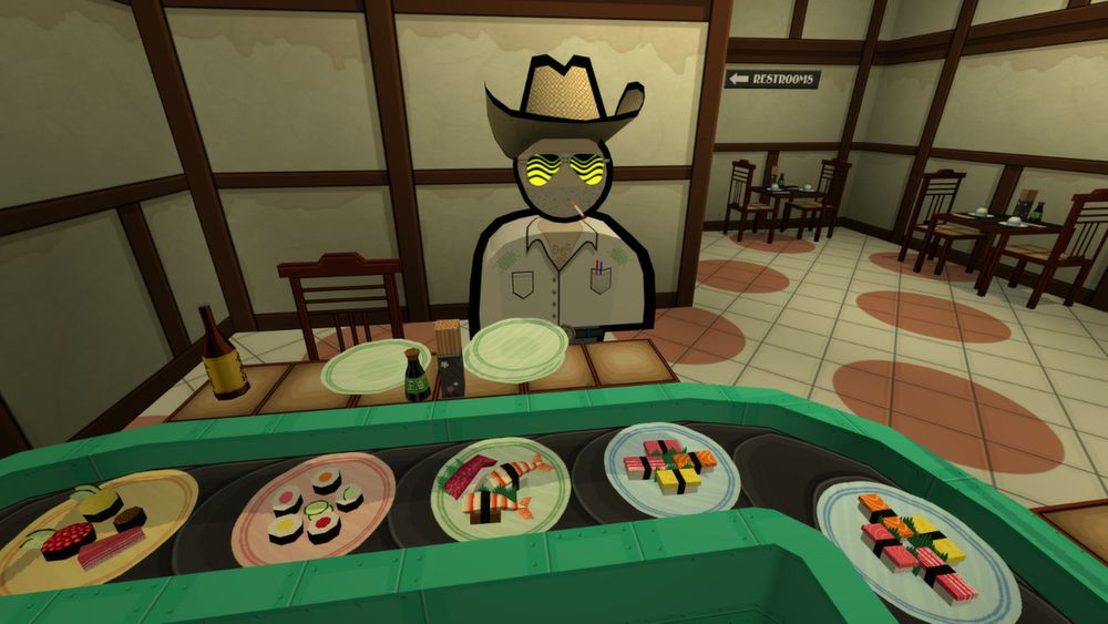 A cowboy guy at a sushi bar