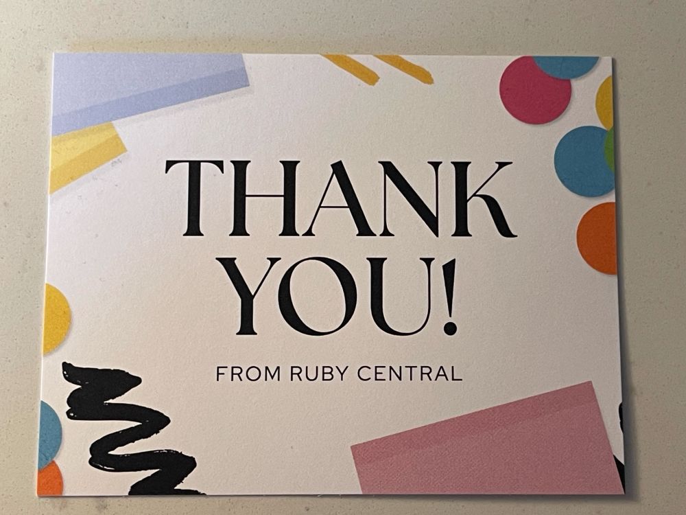 RailsConf 2025-themed "Thank You From Ruby Central" card.