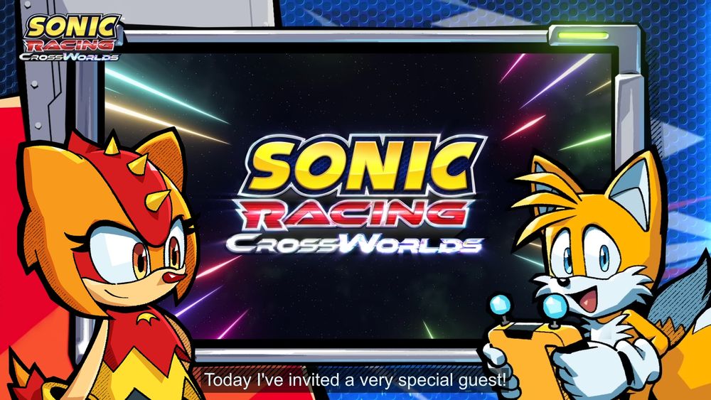A mockup screenshot of the Youtube series, Sonic Racing Crossworlds: Crosstalk. Tails has invited Trip the Sungazer to be a guest on the show.