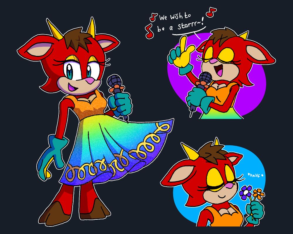 Poppy "Vivian" Fields is a red goat. She wears a rainbow coloured dress and green/yellow gardening gloves. She loves flowers and singing.