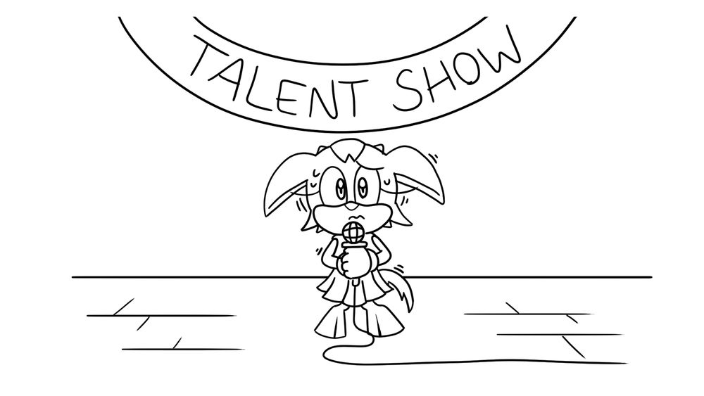 Poppy as a child, about to perform for a school talent show. She has very bad stage fright.