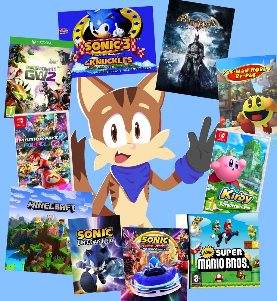 My oc Choco The Cat surrounded by 10 video games. Starting from the top and moving clockwise, they are:
- Sonic 3 & Knuckles
- Batman: Arkham Asylum
- Pac-Man World Re-Pac
- Kirby and the Forgotten Land
- New Super Mario Bros
- Sonic Racing Crossworlds
- Sonic Unleashed
- Minecraft
- Mario Kart 8 Deluxe
- Plants vs. Zombies: Garden Warfare 2