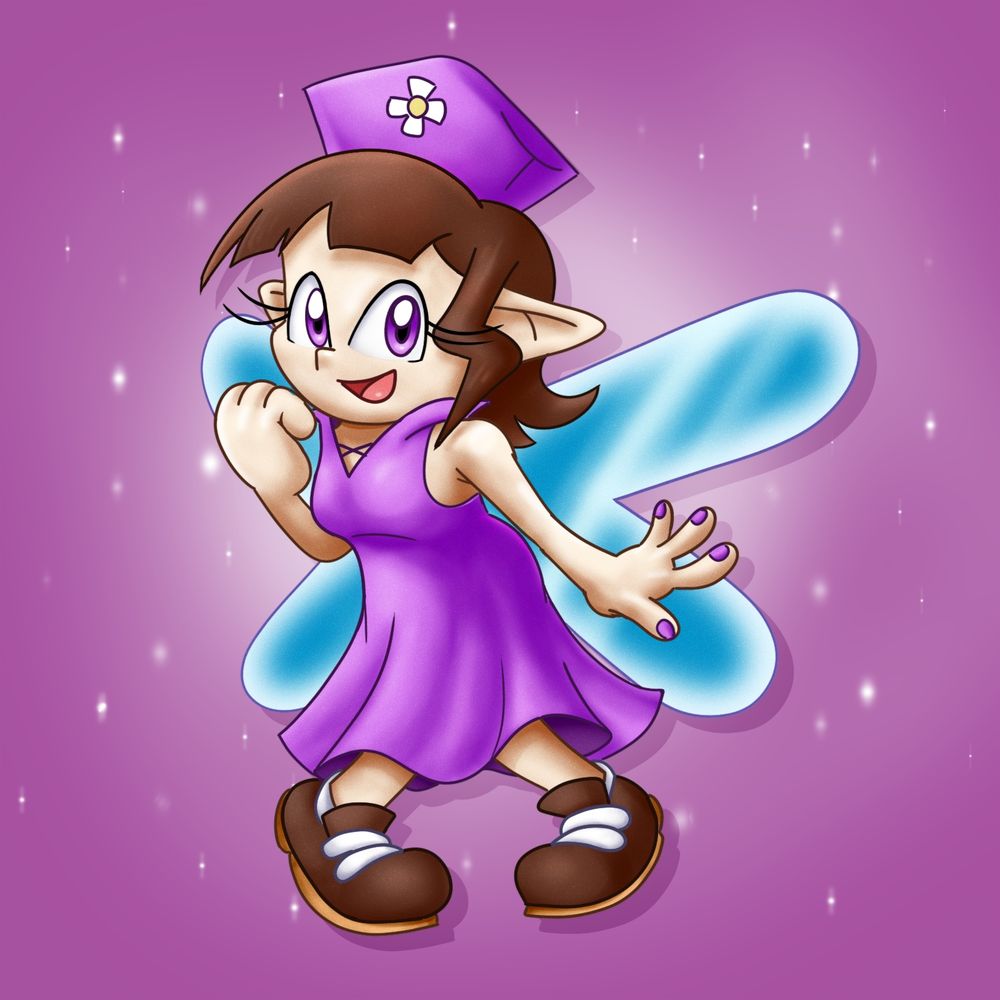 Hygiea The Fairy doing a cute pose. She wears a purple floral dress, brown shoes and a nurse's cap. Behind her is a pink, starry backdrop.