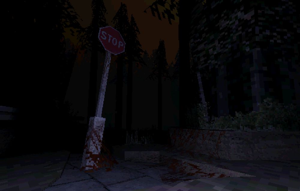 low poly forest. there is a stop sign 