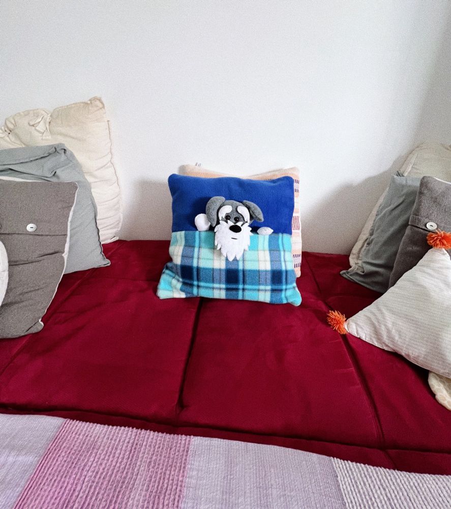 Fotografía de un cojín azul con un patrón de cuadros a la mitad donde se ve un perro schnauzer en alto relieve 