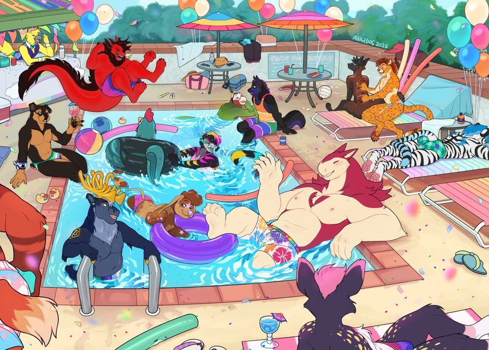 A scenic image of many furries at a pool party. In the back, a yellow bird with antlers calls out from a drink stand. A red dragon is mid-cannonball into the pool where a tiger with colorful stripes pushes forward a pool tube shaped like a rooster. A green parrot rests their arms on the ledge of the pool, in casual conversation with a black wolf who sits with his legs in the water. On a lounge chair, a nude fox looks eagerly back at a cheetah applying sun lotion to the fox's shoulders and back. A dog seems to spot someone off-screen and holds up a drink glass in acknowledgement. On another lounge chair a white tiger sleeps comfortably on his stomach. An oversized typhlosion takes up a disproportionate amount of the pool, lying with one arm on the ledge and a leg hiked onto a purple pool tube, the other end of which a poodle hugs and hangs from. Exiting the pool by the ladder, a caribou looks over towards the typhlosion, possibly speaking a reply. In the foreground, the back of a deer can be seen, lying on a towel and observing the festivities. The hint of an elbow and tail of another character is also visible, possibly running towards the drink stand. The area is littered with confetti, surrounded by balloons, and filled with pool noodles and beach balls. 