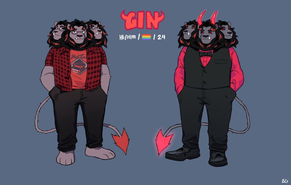 A ref sheet of a lion-cerberus hybrid called "Gin" with a black mane with red streaks a greyish skin colour and a red demon tail. He wears glasses with a red plaid top, a red shirt and black pants. There's a second "Demon variant" where he has grey skin two glowing red/pink horns and a tail, and instead of his casual attire, he wears a red/pink button-up shirt with a black bowtie, vest, pants and shoes.