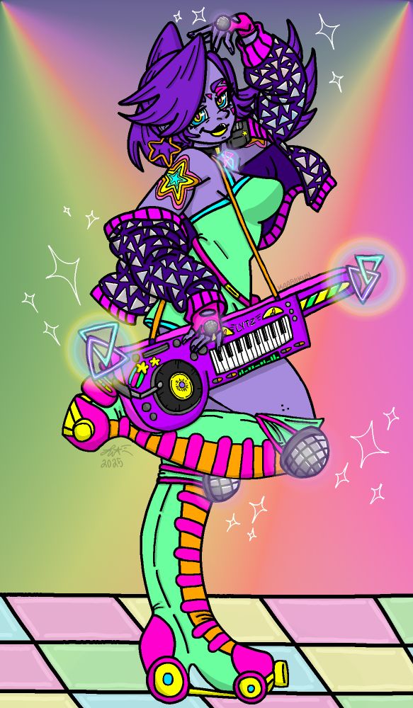 A tall woman in knee high, and chunky wheeled roller skates. She strikes a pose on a flashing and multi colored dance floor while holding a purple keytar, as rainbow lights flash behind her. She wears flashy disco ball kneepads with matching disco ball rings on her middle fingers, a neon green one piece jumpsuit, and a purple puffy jacket with mirrored triangles all over. She has purple skin and dark purple hair, on each arm is a tattoo of a large star with a rainbow tone going from pink to blue inward. Her make-up is a series of sharp, hot pink triangles over her left eye and two-toned lipstick with black on the upper lip and a neon yellow on the lower lip. 
Her purple keytar has glowing triangles on each end, there is a record spinning on the side that is used for scratching. Her eyes are three colors going from blue, yellow, then pink.  