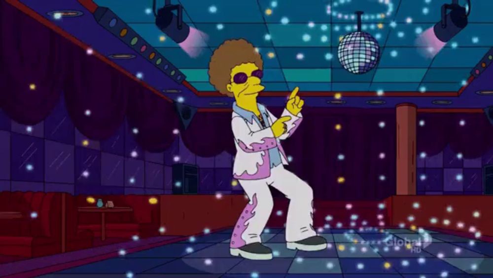 a cartoon character is dancing in front of a disco ball that says global on it