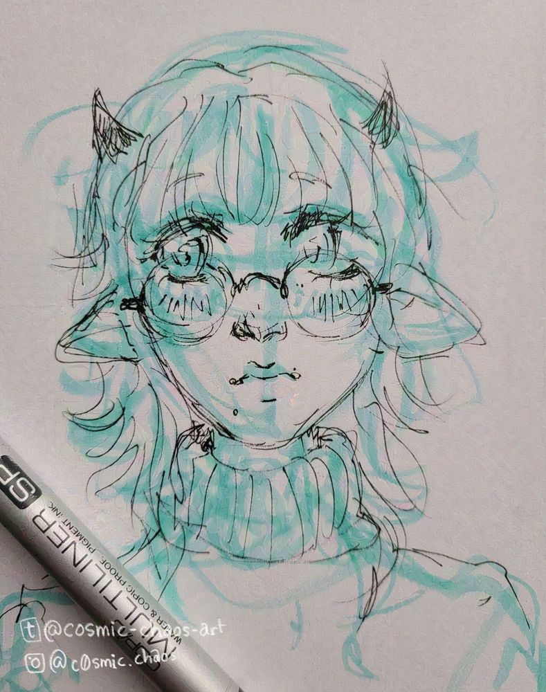 A sketch done with marker and fineliner, showing the portrait of an anime-style woman with small horns and elf-like ears looking to the side. She is wearing round glasses and a turtleneck sweater.