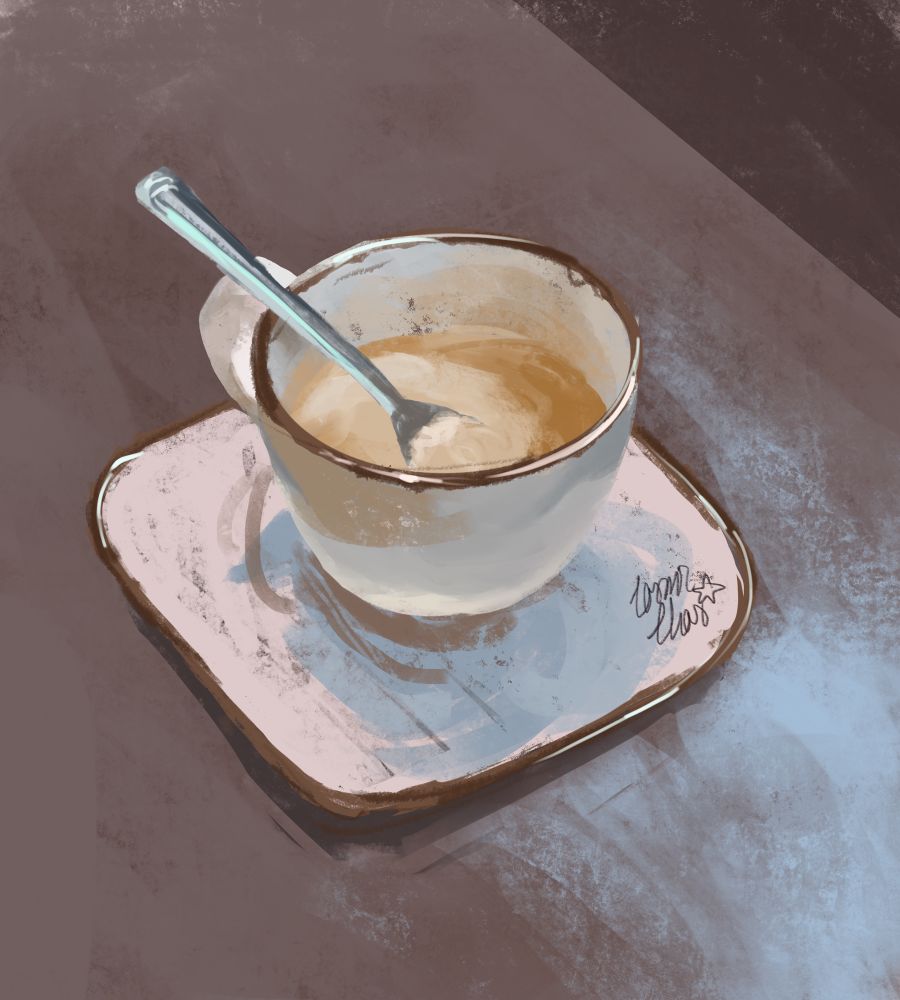 Digital painting of a coffee cup with a spoon in it.