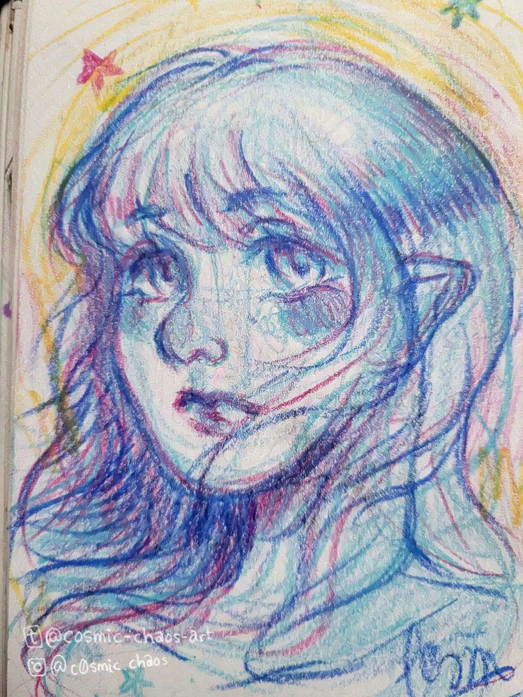 A colorful crayon drawing showing the half-side profile of a girl with elf-ears, her hair is flowing to the side.