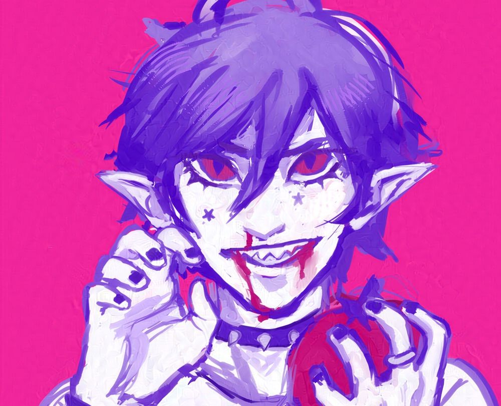 A digital drawing / character portrait of a vampire boy holding a tomato 