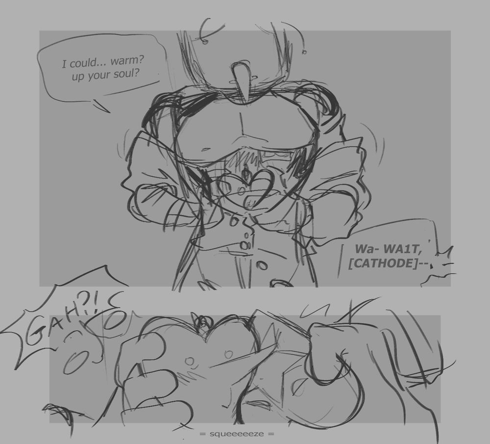 'i could,,, warm? up your soul?' tenna's shirt is off and he's putting spamton neo's heart into his chest. "WA- WAIT CATHODE--- GAH!?" and tenna rubs their soul's together. 