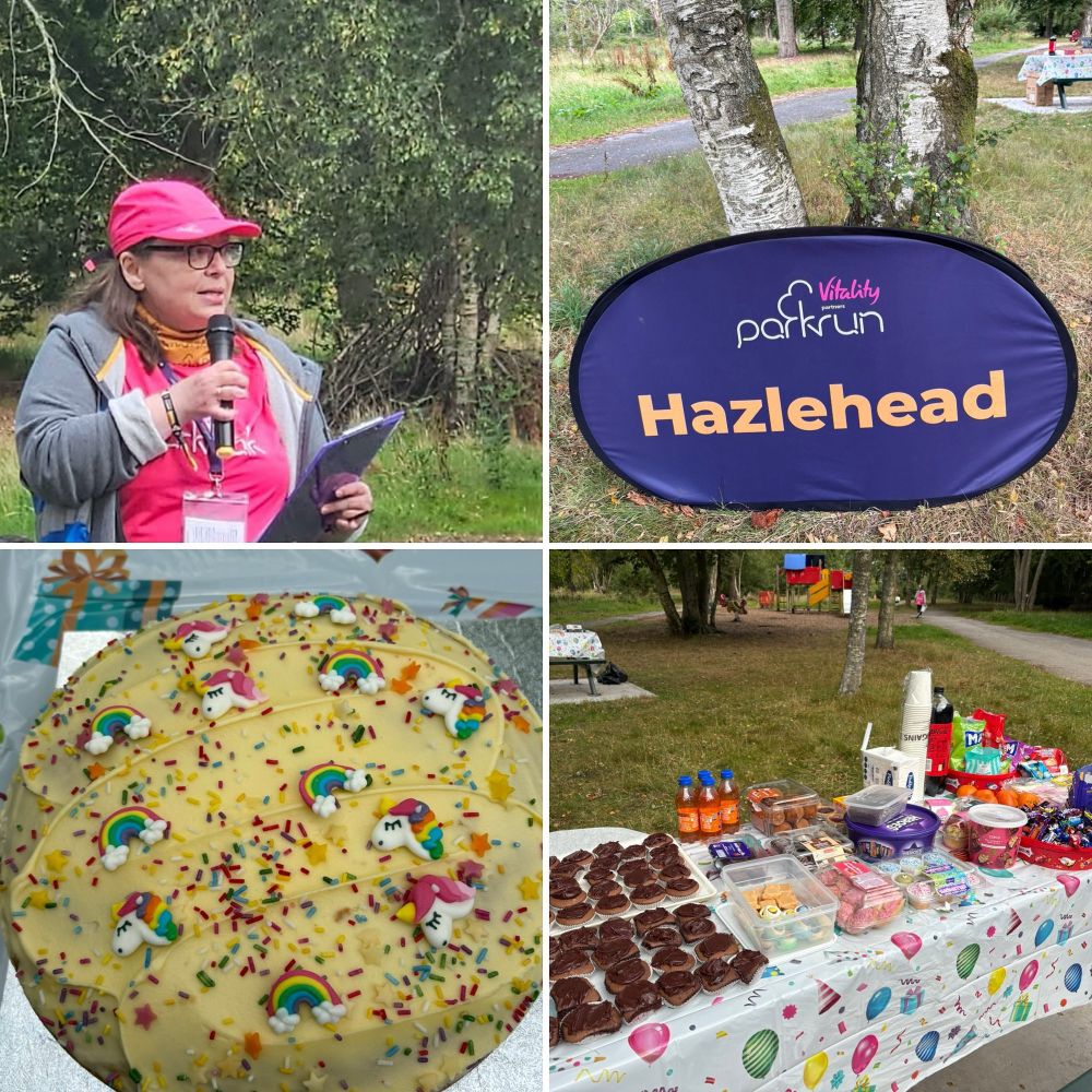 Four pics: top left, a Run Director wearing lots of pink holds a clipboard and talks into a microphone. Top right, the Hazlehead parkrun popup sign. Bottom left, a round cake with yellow icing, decorated with sprinkles, rainbows and unicorns. Bottom right, a table in a park with a tablecloth decorated with party balloons, covered in cakes and other treats.