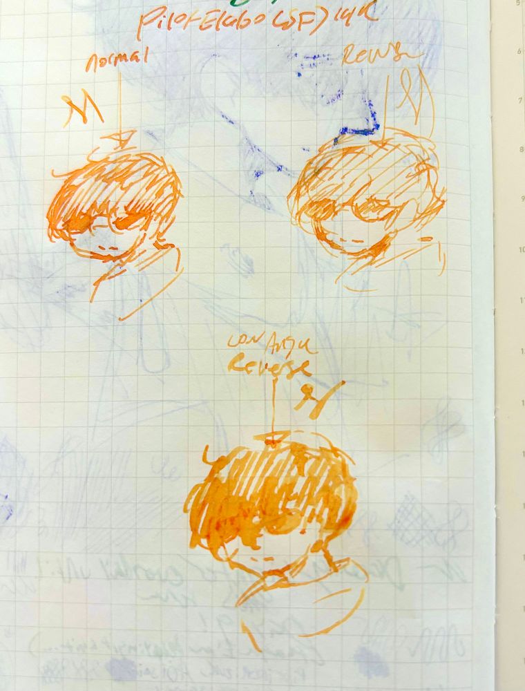 3 chibi sketches of Lighter from ZZZ with varying line qualities, done in a yellow-orange ink.