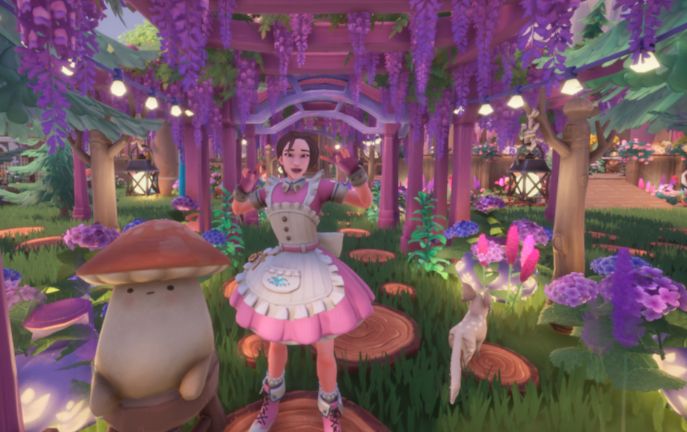 Mimi's Palia character posing next to a Fun Guy Plushie on her fairycore inspired plot.