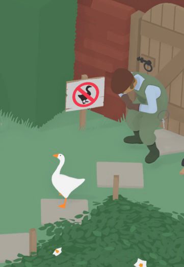 A screenshot from Untitled Goose Game, showing an unrepentant goose ignoring a gardener’s “No goose” sign.